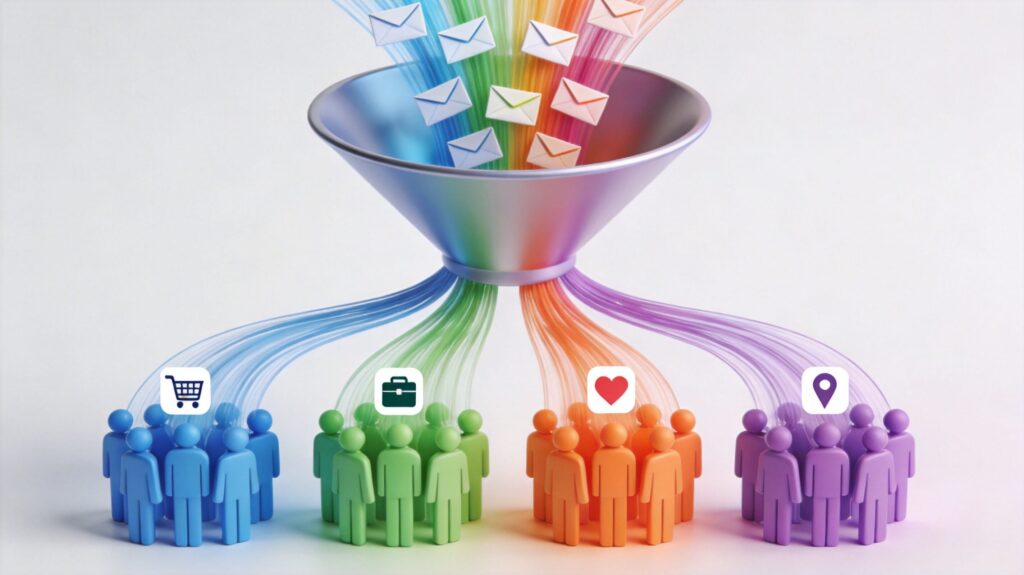 Email list segmentation strategy showing behavioral and demographic segments