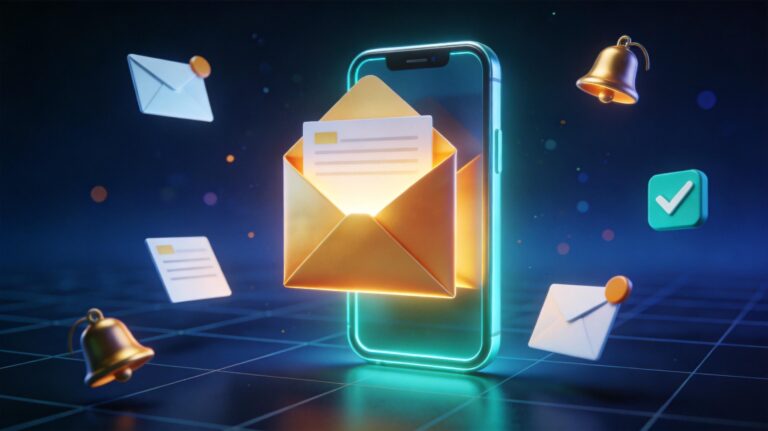 Email marketing examples featured image showing golden envelope emerging from smartphone with notification icons
