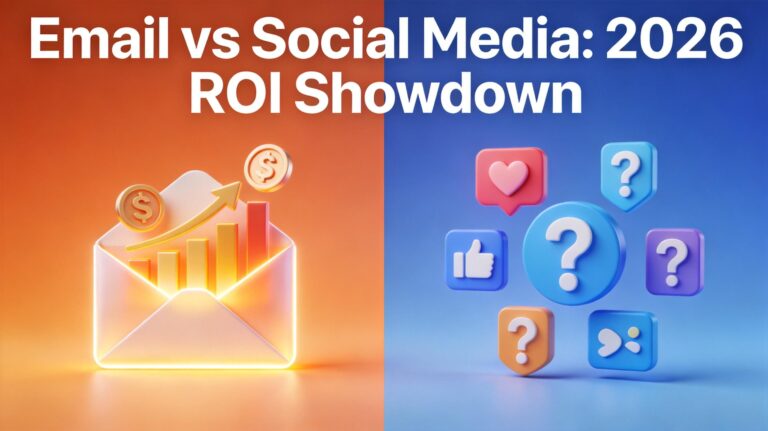 Email Marketing vs Social Media ROI 2026 comparison banner with email envelope and social media icons