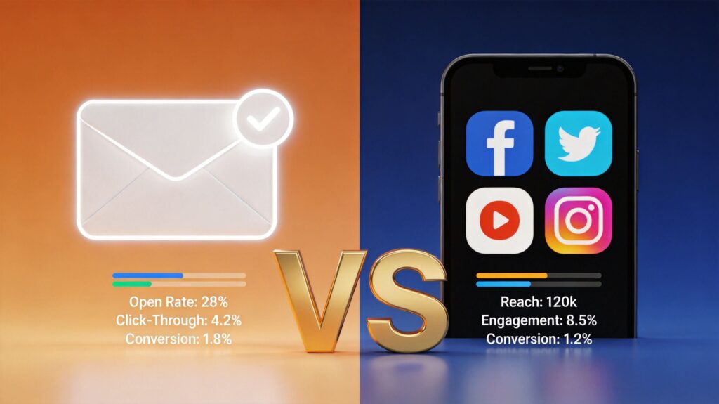 Email vs social media ROI head-to-head scale weighing email at 36x against social at 2.8x