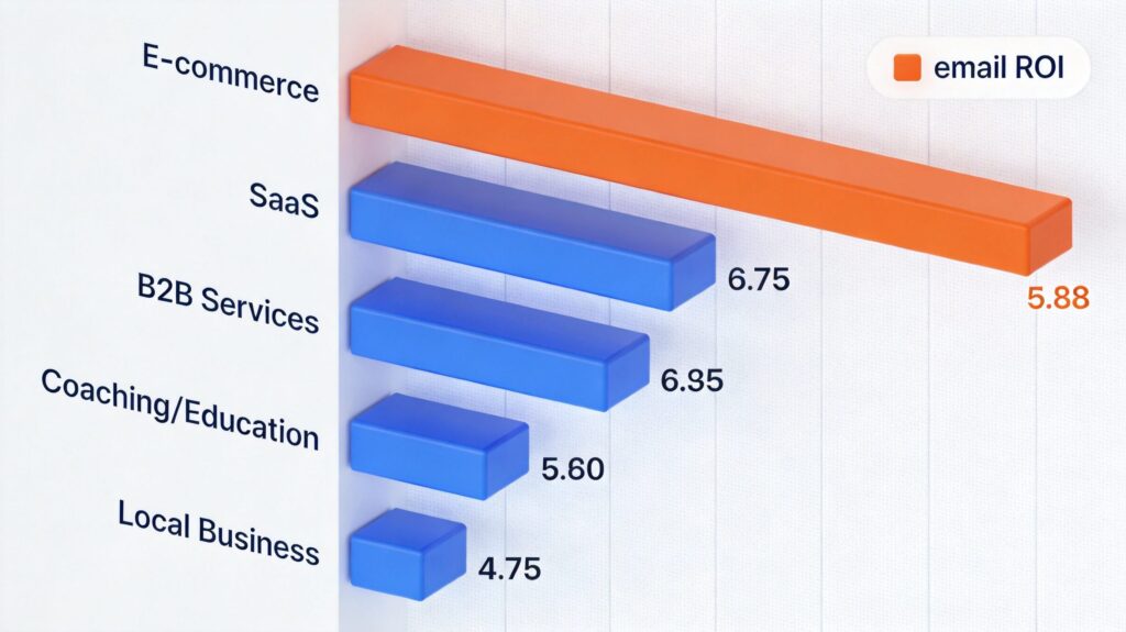 Email vs social media ROI by industry chart showing ecommerce, SaaS, B2B services and creators