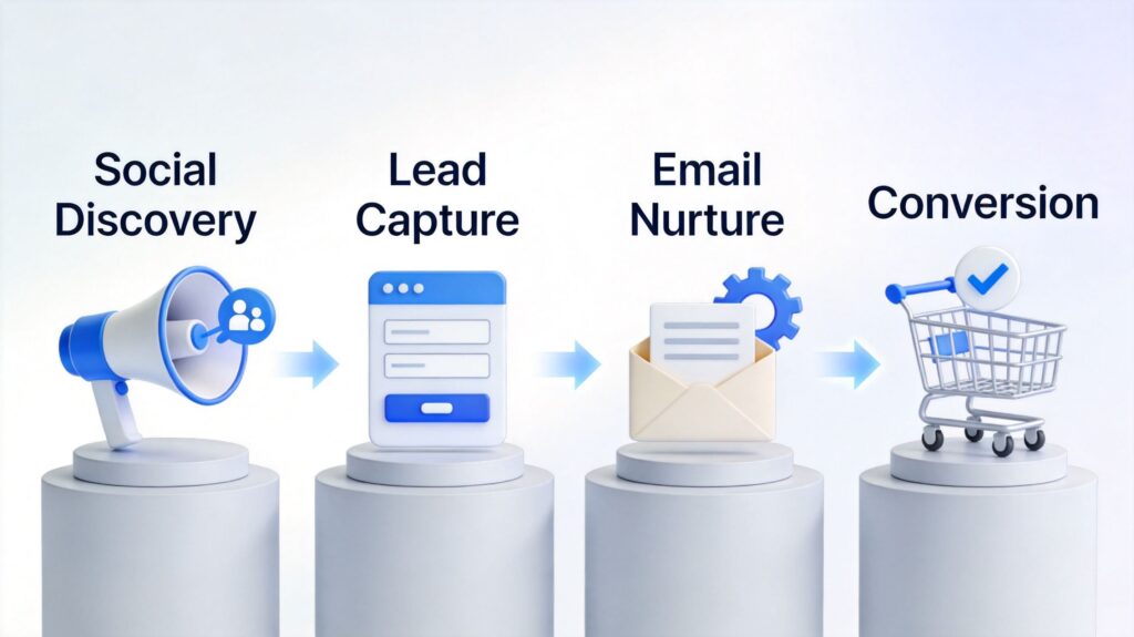 Social to email marketing funnel showing awareness on social, capture via lead magnet, conversion by email