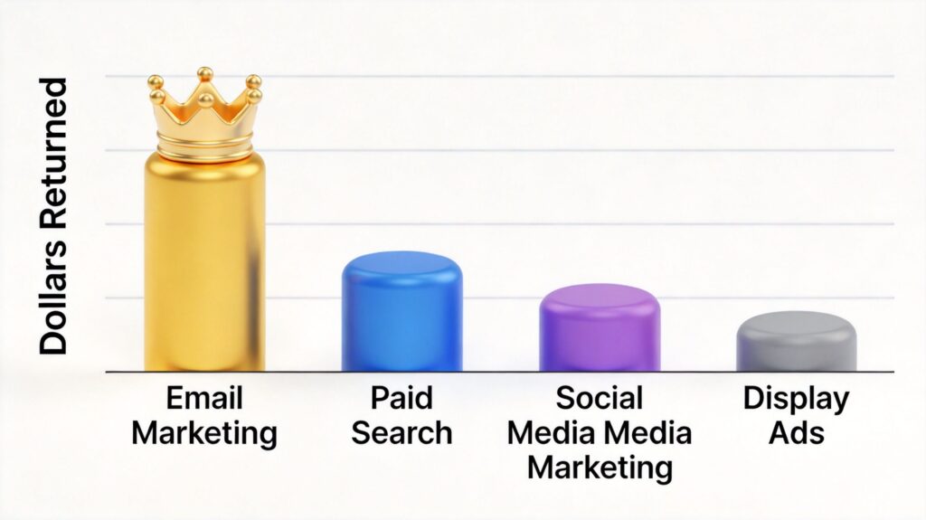 Key email marketing and social media ROI statistics 2026 infographic with 12 data points