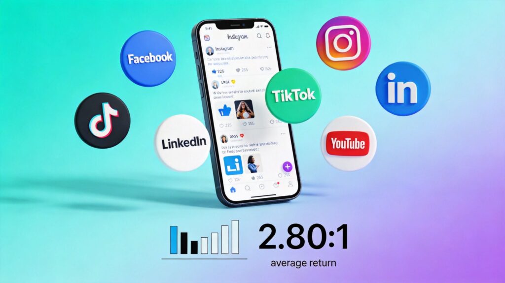 Social media marketing ROI bar chart comparing paid ads, organic content, and influencer campaigns