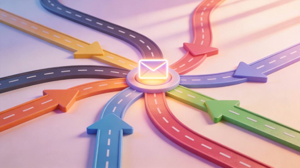 3D funnel with traffic streams of particles flowing into a sign-up form on dark navy background