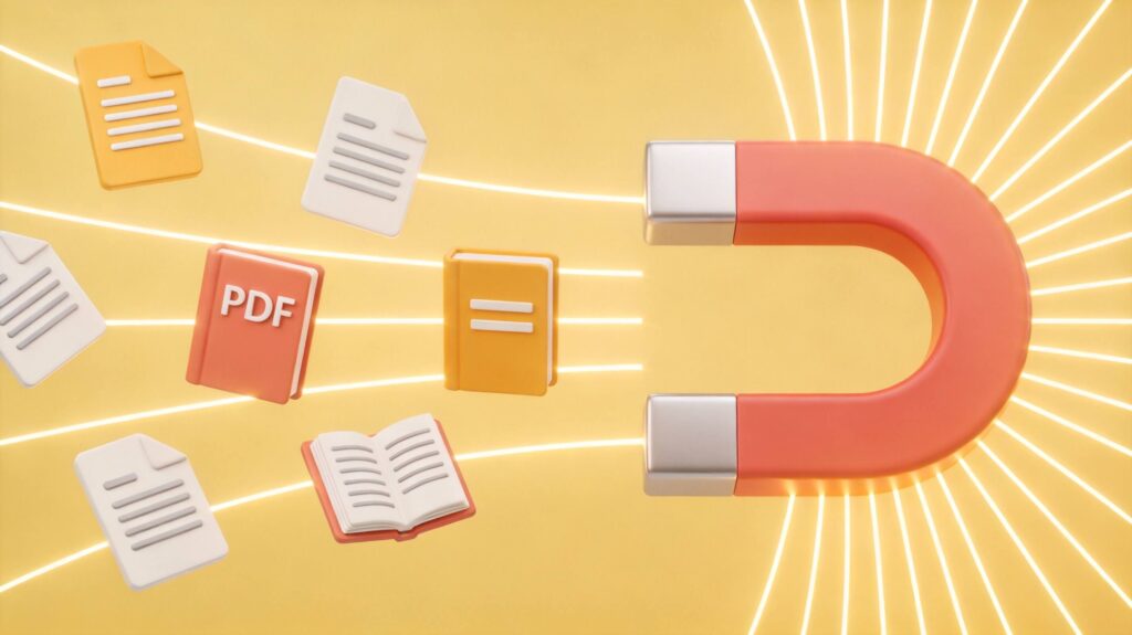 How to build email list with a lead magnet: 3D render of glowing gift box opening with PDFs and templates