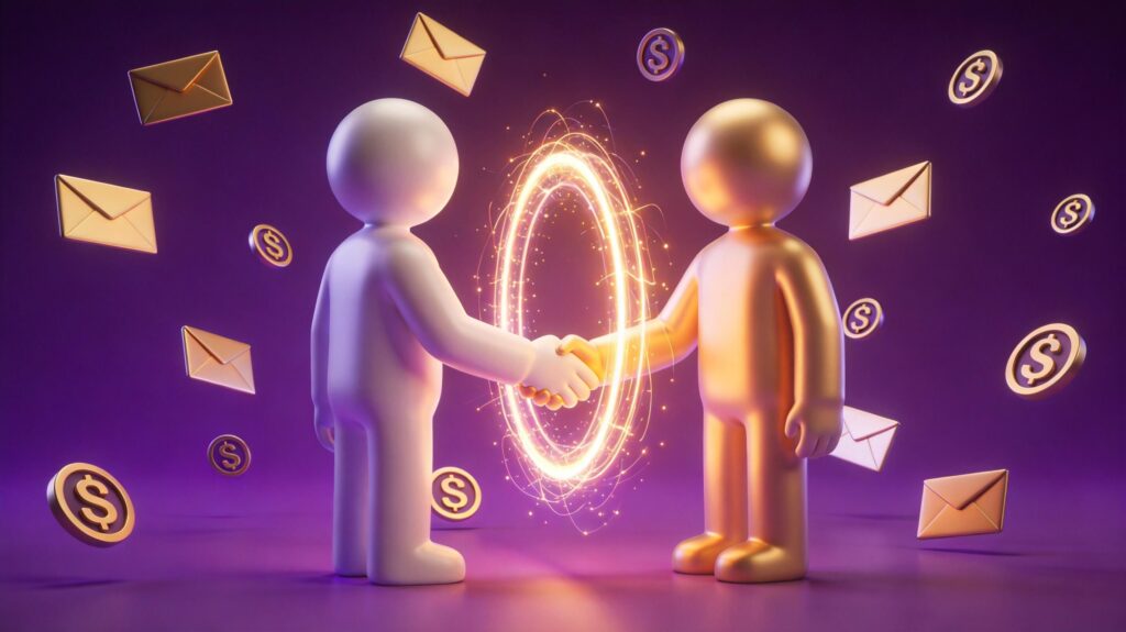 Two 3D hands shaking over a giant envelope with megaphone and referral arrows