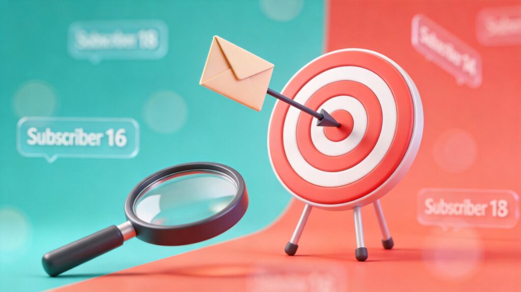 Subscriber growth goal progress chart with 3D target and envelope visualization