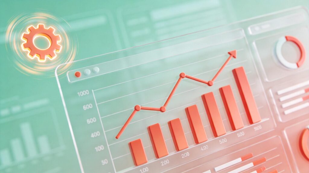 How to build email list with analytics: magnifying glass over a 3D dashboard with conversion funnels