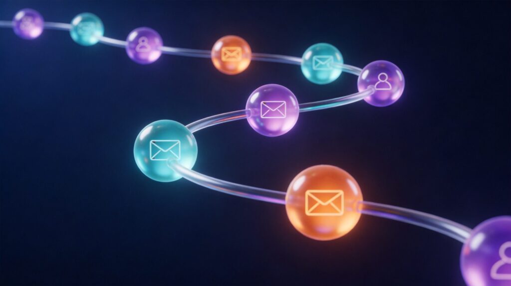 Email automation workflow visualization showing connected trigger nodes and email steps