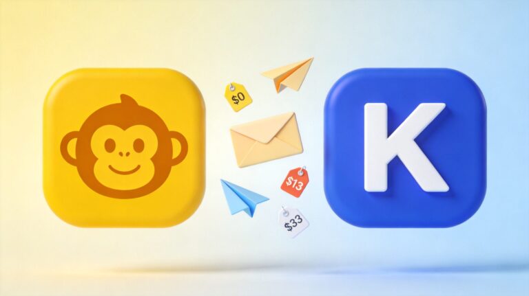 Mailchimp vs Kit email platforms 2026 comparison banner with envelope icons and 3D pricing tags