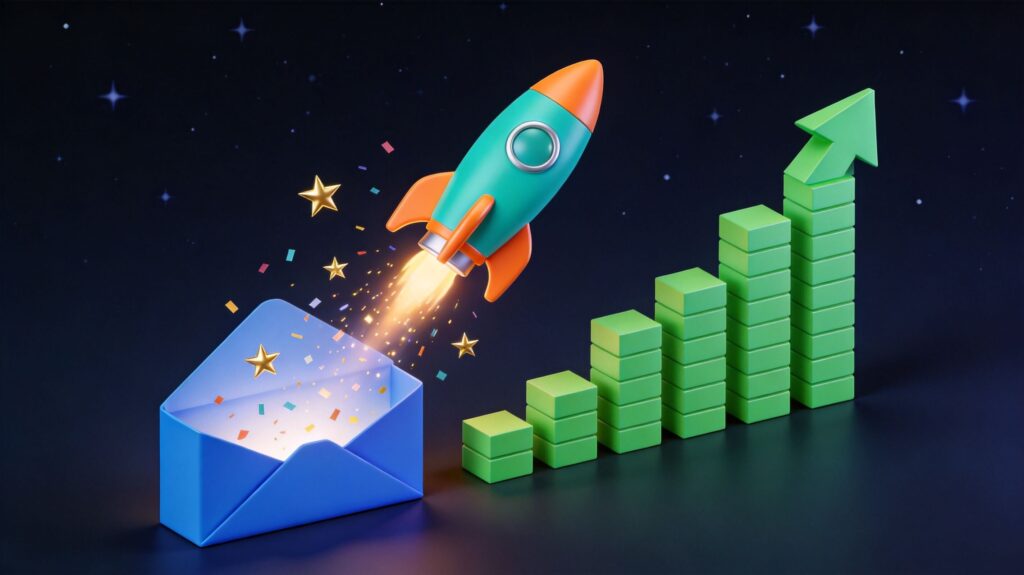 Email marketing success metrics dashboard showing open rates, click-through rates, and subscriber growth