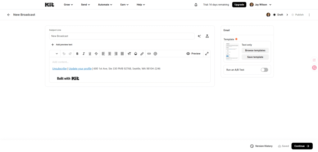 Kit broadcast creation editor with subject line field and content body
