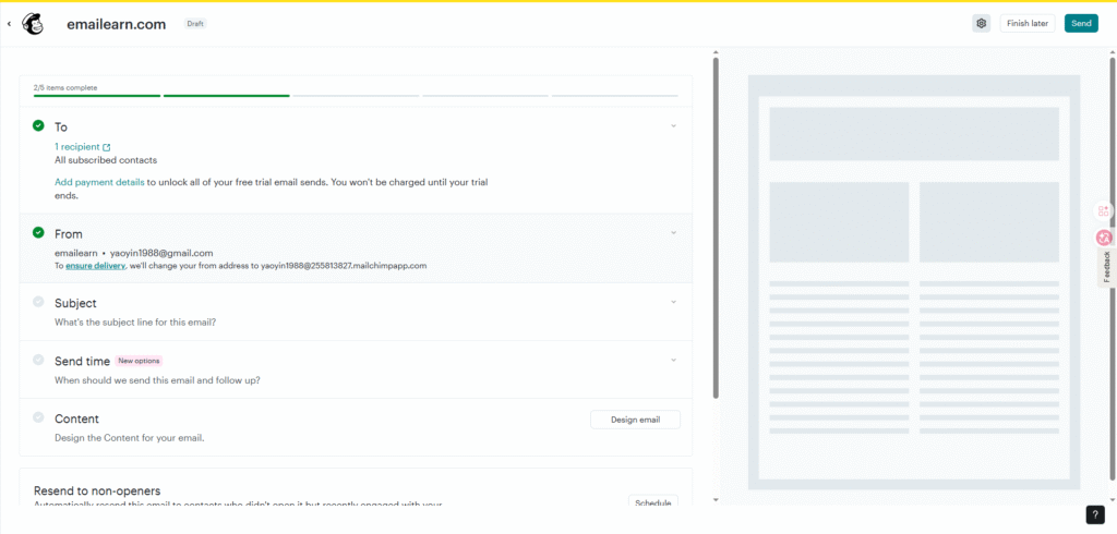 Mailchimp campaign creation 5-step flow with recipients setup and design tabs