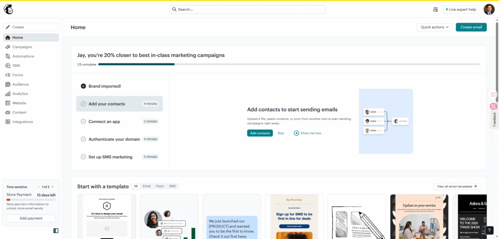 Mailchimp vs Kit — Mailchimp dashboard interface showing home tab and onboarding checklist