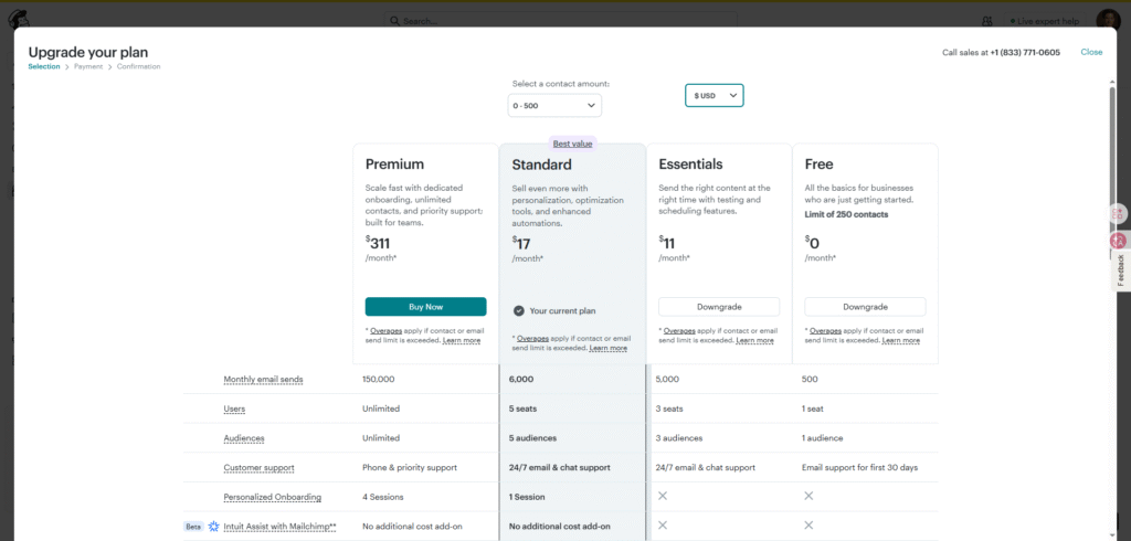 Mailchimp pricing page showing Free Essentials Standard Premium plan tiers